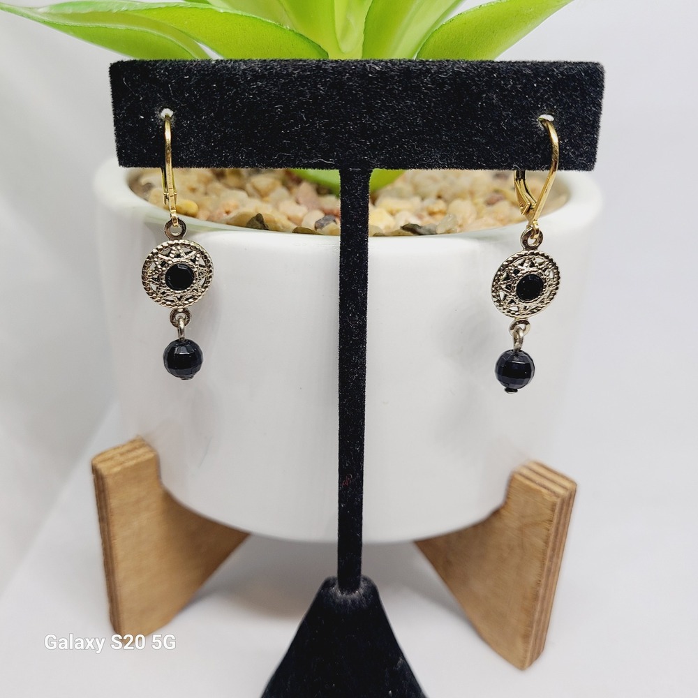 Gold Tone Dangle Earrings with Black Bead Accents Women's Jewelry‎